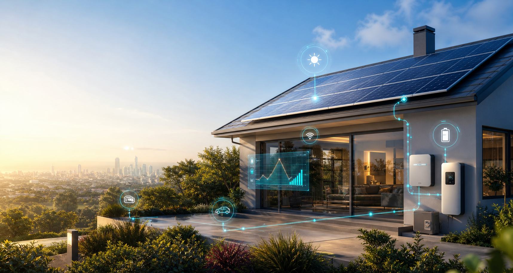 Modern smart home with rooftop solar panels and connected energy telemetry